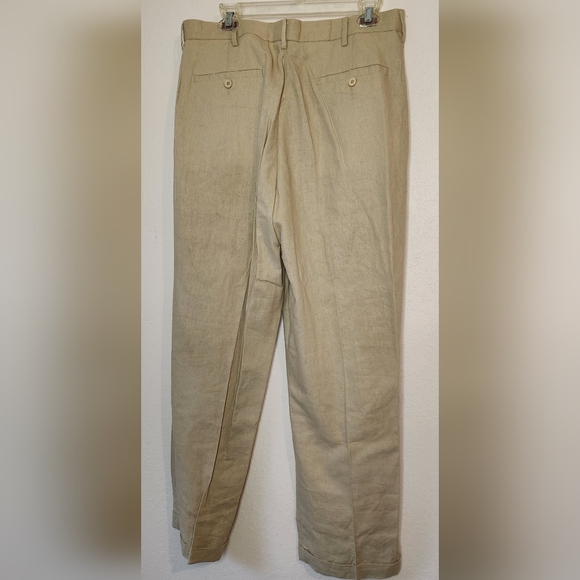 TRUST USA 55% Linen Blend Pleated Lined Front Cuffed Pants Beige Men Size 34x30 - Picture 2 of 3